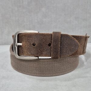 Webbed cotton leather belt men's medium brown brushed silver buckle distressed